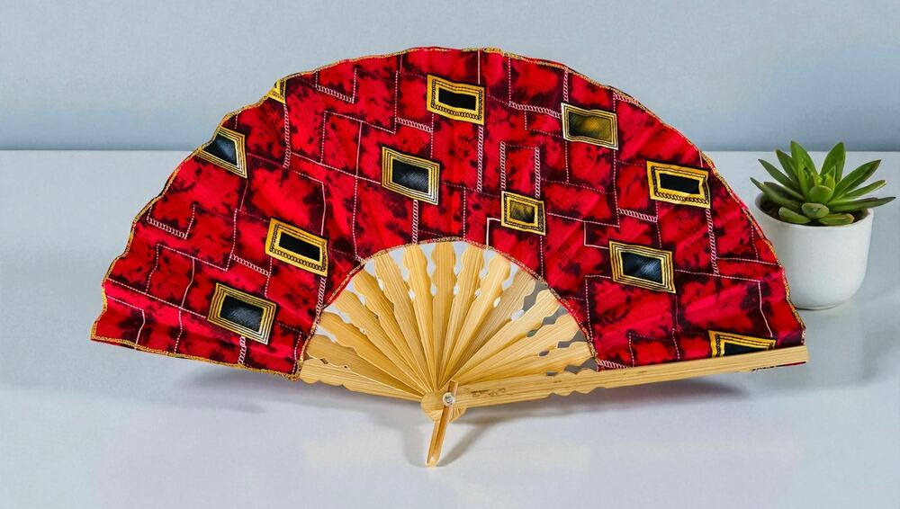Unique Red Black and Yellow Diamond Shape Cotton Fabric Handmade Fan w/ Handle